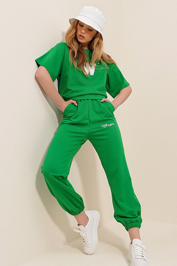 Set de trening cu imprimeu W, verde iarbă, pentru femei ALC-X5889 - 2