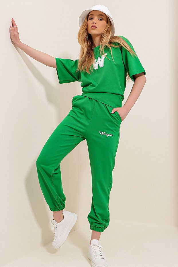 Set de trening cu imprimeu W, verde iarbă, pentru femei ALC-X5889 - 4