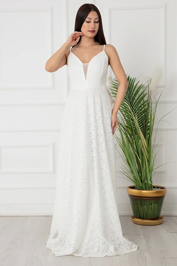 Dantel Ip Askılı Uzun Abiye Elbise 13337 - 2