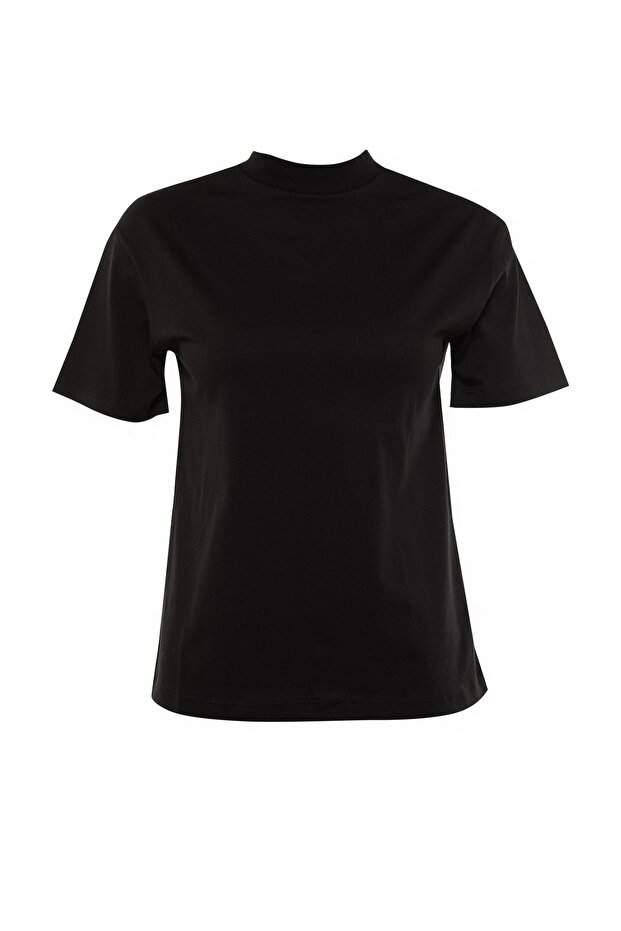 Siyah %100 Pamuk Basic Regular/Normal Kalıp Dik Yaka Örme T-Shirt TWOAW20TS0096 - 13