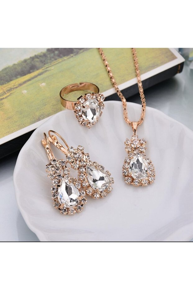 Aurora Crystal White Stone Water Drop Necklace Earrings and Adjustable Ring Lover's Gift Jewelry Set