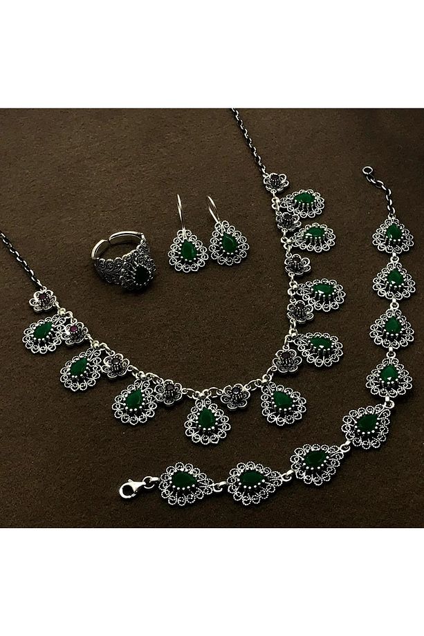 Damla Model Zümrüt Taşlı Gümüş Oksitli Telkari Set 20108945 - 1
