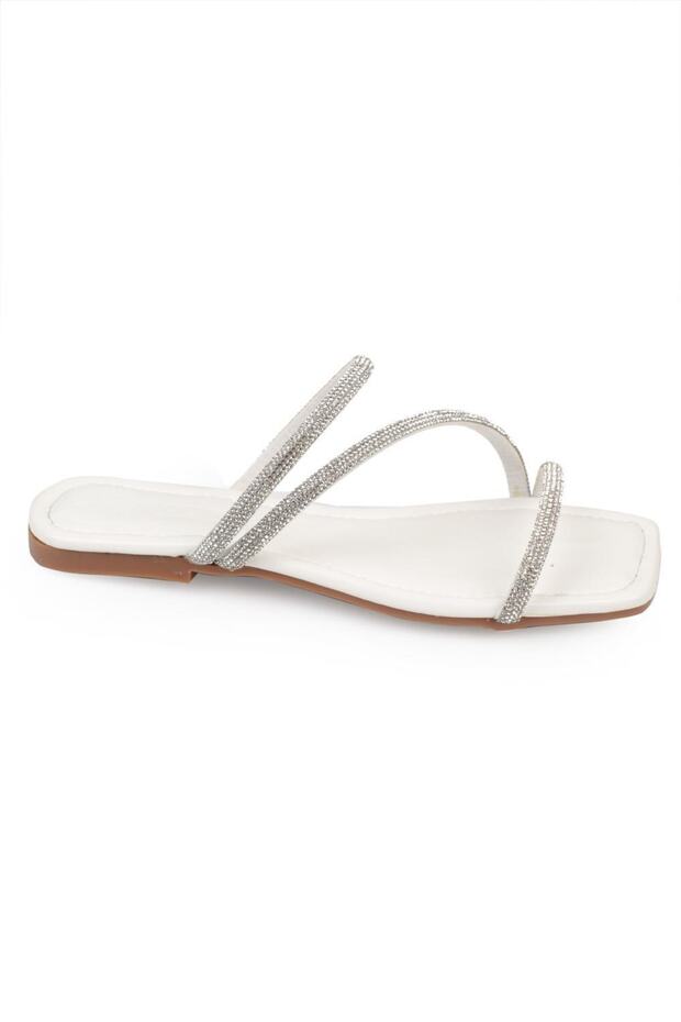 Capone köves 3 csíkos lapos sarkú steppelt fehér női papucs - 5