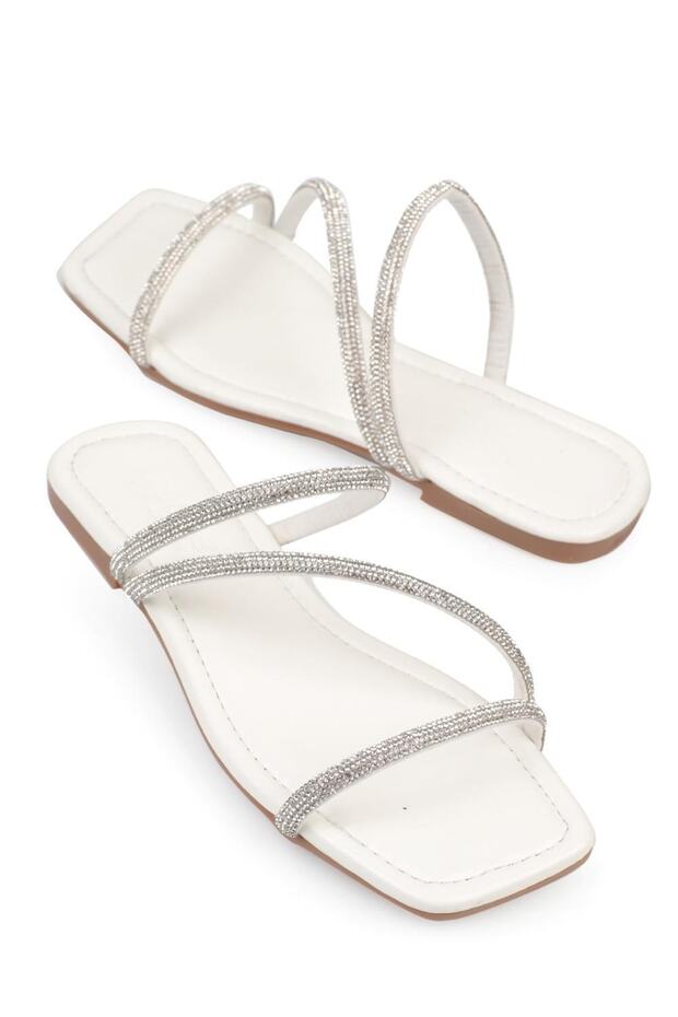 Capone köves 3 csíkos lapos sarkú steppelt fehér női papucs - 6