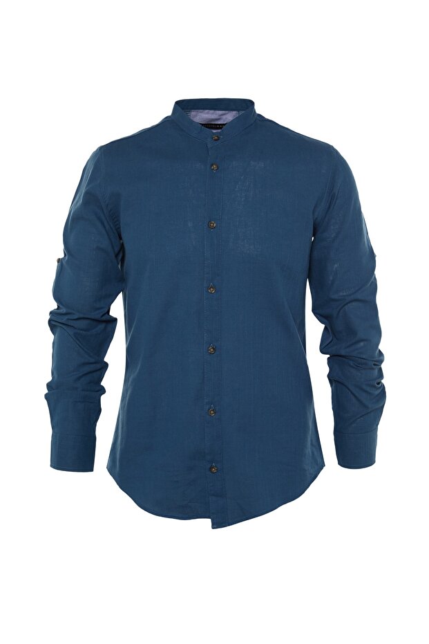 Indigo Basic Hakim Yaka Apoletli Slim Fit Uzun Kollu Keten Görünümlü Gömlek TMNSS20GO0188 - 6