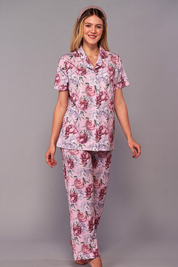 Women's Ecru Front Buttoned Long Sleeve Maternity Pajama Set