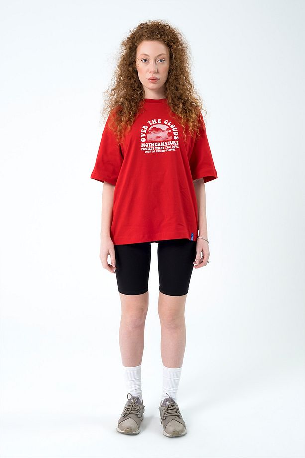Eazy Kırmızı Cloud Unisex Extra Oversize Baskılı Kısa Kollu T-shirt - 3