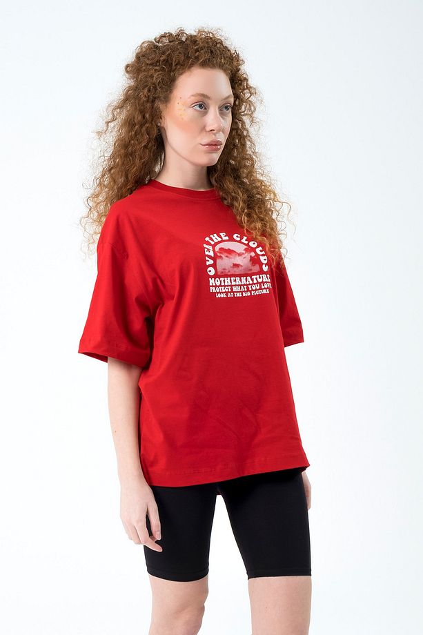 Eazy Kırmızı Cloud Unisex Extra Oversize Baskılı Kısa Kollu T-shirt - 5