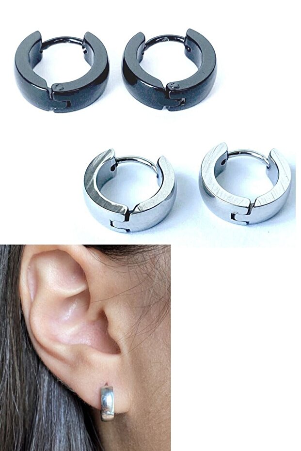 Unisex Hoop Earrings for Double Black Silver Color Pierced Ears