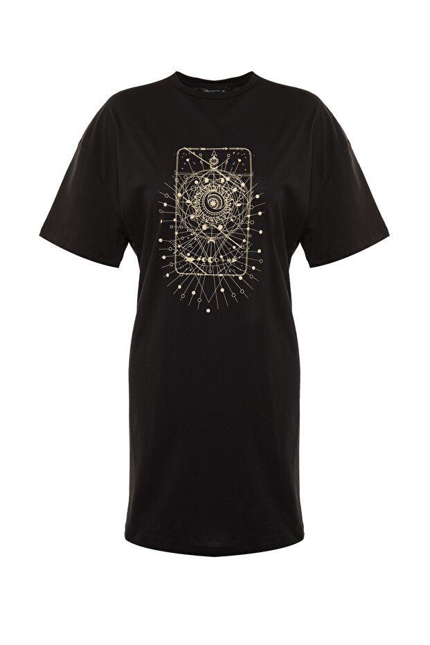Siyah Geometrik Baskılı %100 Pamuk Örme Büyük Beden T-Shirt Elbise TBBSS22EL2269 - 6