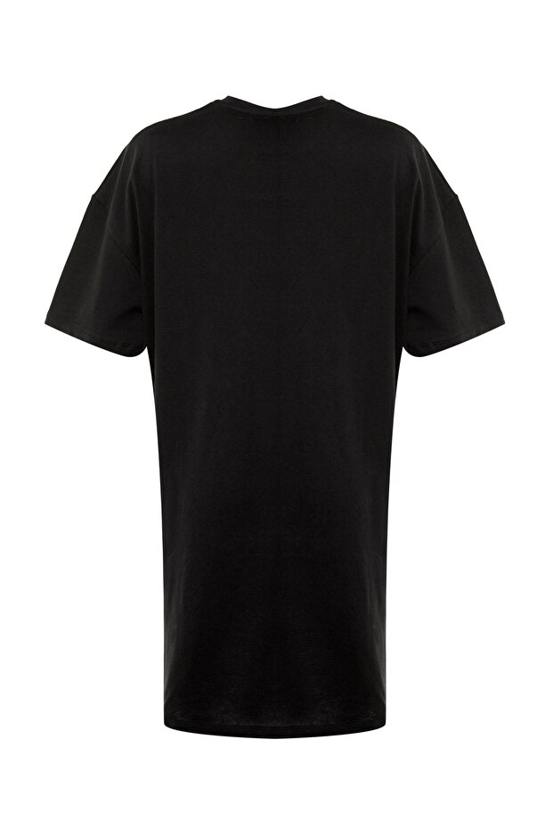 Siyah Geometrik Baskılı %100 Pamuk Örme Büyük Beden T-Shirt Elbise TBBSS22EL2269 - 8