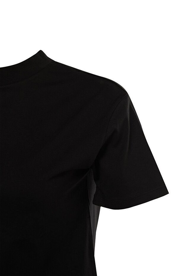 Siyah %100 Pamuk Basic Regular/Normal Kalıp Dik Yaka Örme T-Shirt TWOAW20TS0096 - 14