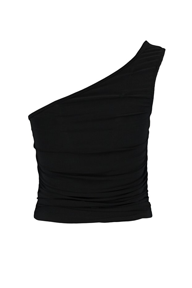 Siyah Büzgü Detaylı Fitted/Vücuda Oturan Tek Omuz Esnek Örme Bluz TWOSS21BZ0590 - 8