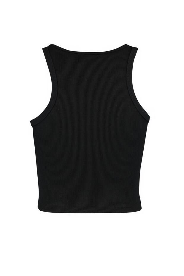 Siyah Fitted/Vücuda Oturan Super Crop Halter Yaka Fitilli Esnek Örme Atlet TWOSS21AL0050 - 8