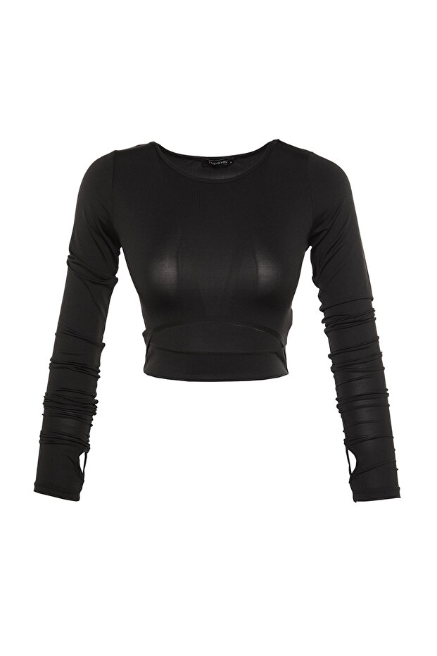 Siyah Crop Pencere/Cut Out ve Baş Parmak Delik Detaylı Örme Spor Üst/Bluz TWOAW21BZ0156 - 7