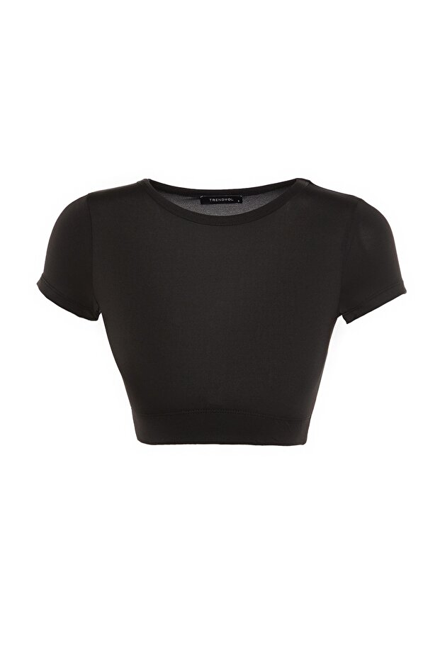 Siyah Crop Hafif Destekli Yumuşak Dokulu Bisiklet Yaka Örme Spor Üst/Bluz TWOAW21BZ0158 - 2