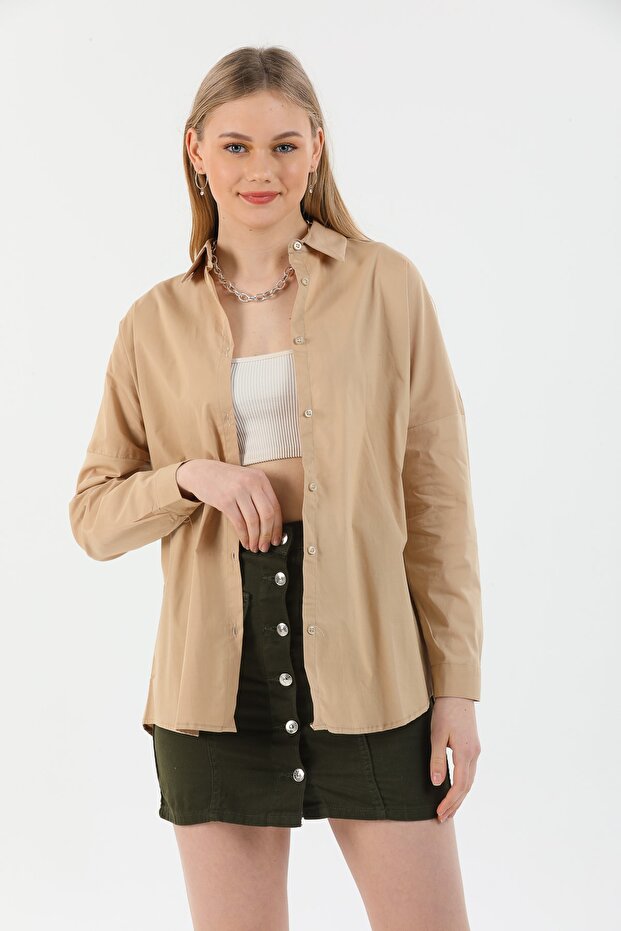Kadın Bej Oversize Gömlek - 2