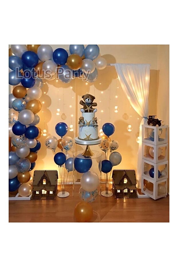 50 Pieces - Balloon Chain Set ( Navy Blue - White - Blue - Gold - Transparent Balloon )