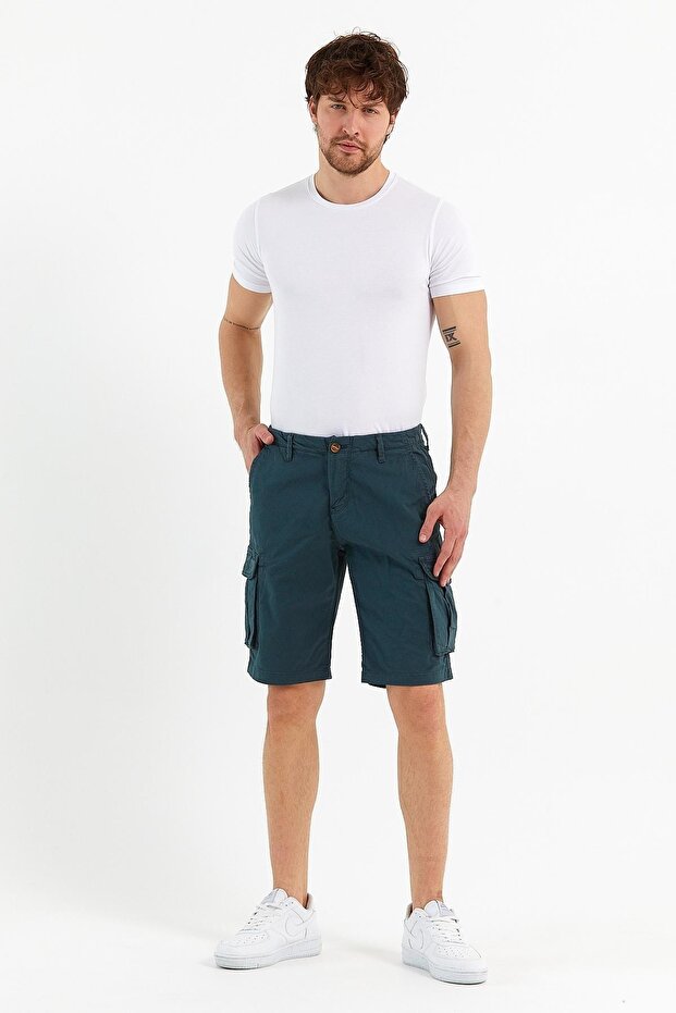 Erkek Pamuklu Bermuda Kargo Çok Cepli Petrol Şort - 2