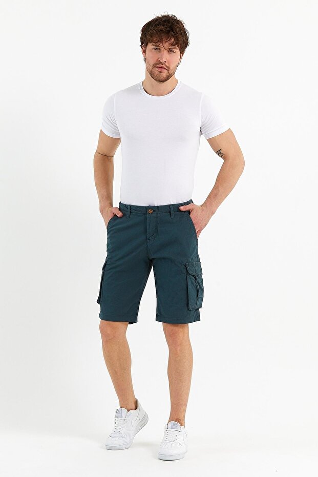 Erkek Pamuklu Bermuda Kargo Çok Cepli Petrol Şort - 3