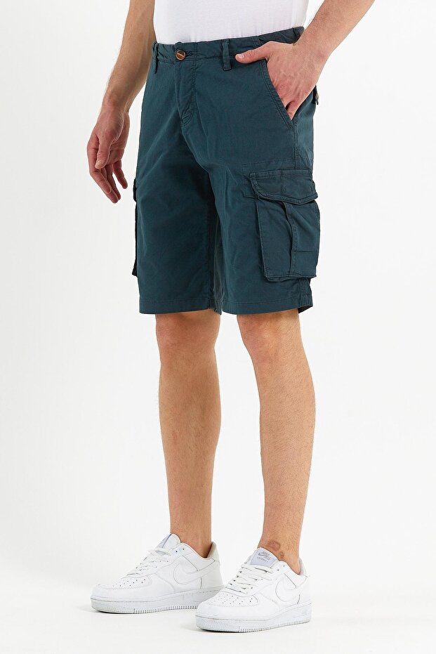 Erkek Pamuklu Bermuda Kargo Çok Cepli Petrol Şort - 4