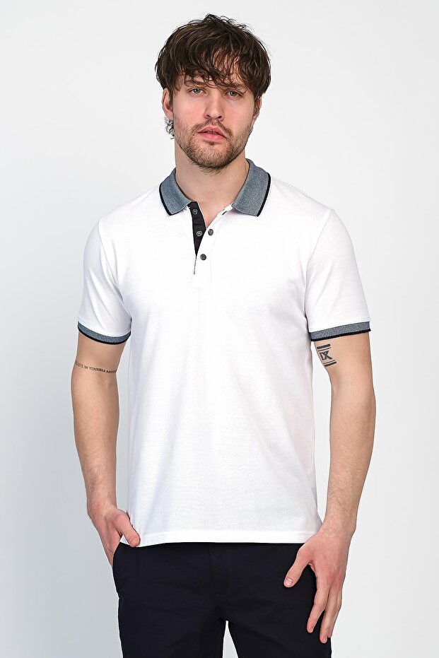 تي شيرت رجالي أساسي سادة بأكمام قصيرة ورقبة بولو بيضاء طويلة - 3