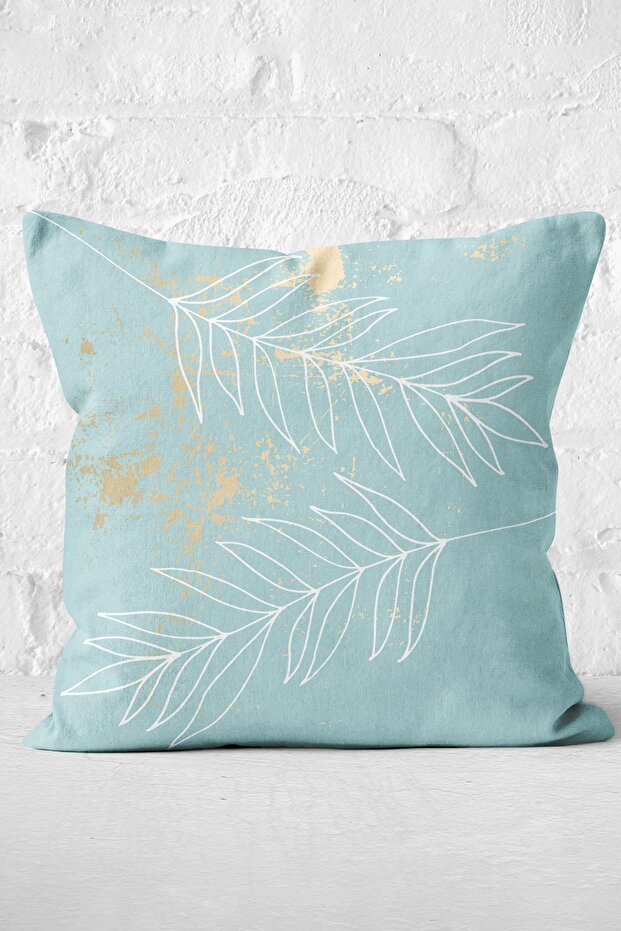 Blue Glitter Floor Leafy Design Patterned Digital Printed Decorative Pillow Throw Pillow Cover