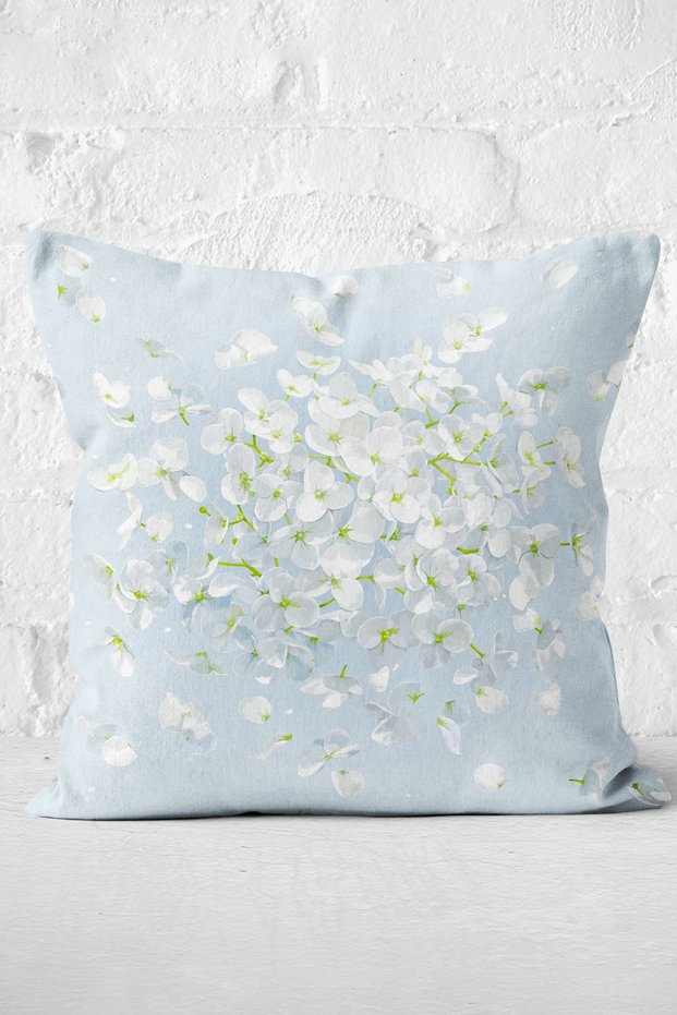 White Hydrangea Flower Patterned Digital Printed Modern Pillow Throw Pillow Cover with Colorful Background