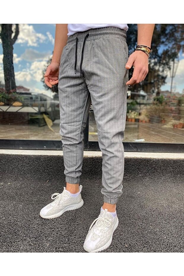 Men's Gray Elastic Waist Striped Trousers