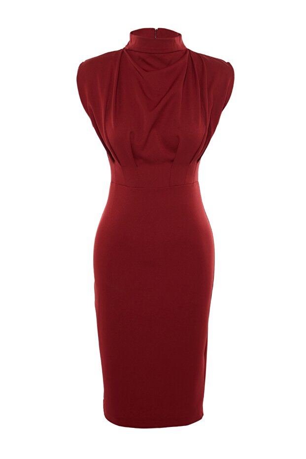 Burgunderrotes, figurbetontes, gewebtes Kleid mit Stehkragen und Midirock TWOAW20EL0311 - 5