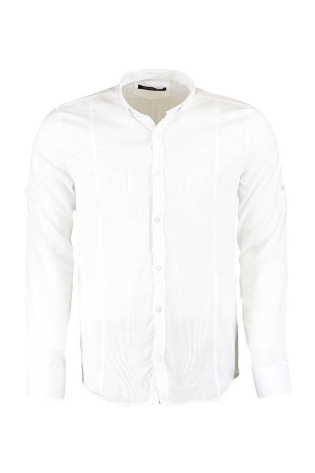 Beyaz Super Slim Fit Düğmeli Yaka Kulplu Apoletli Kolay Ütülenebilir Gömlek TMNSS22GO0091 - 8