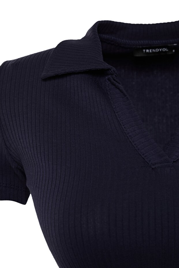 Navy Blue Fitted Crop Polo Neck Ribbed Stretchy Knitted Blouse TWOSS21BZ0038 - 7