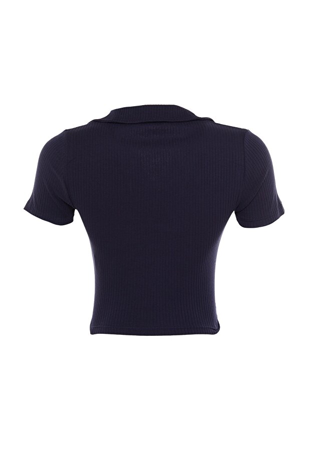Navy Blue Fitted Crop Polo Neck Ribbed Stretchy Knitted Blouse TWOSS21BZ0038 - 8