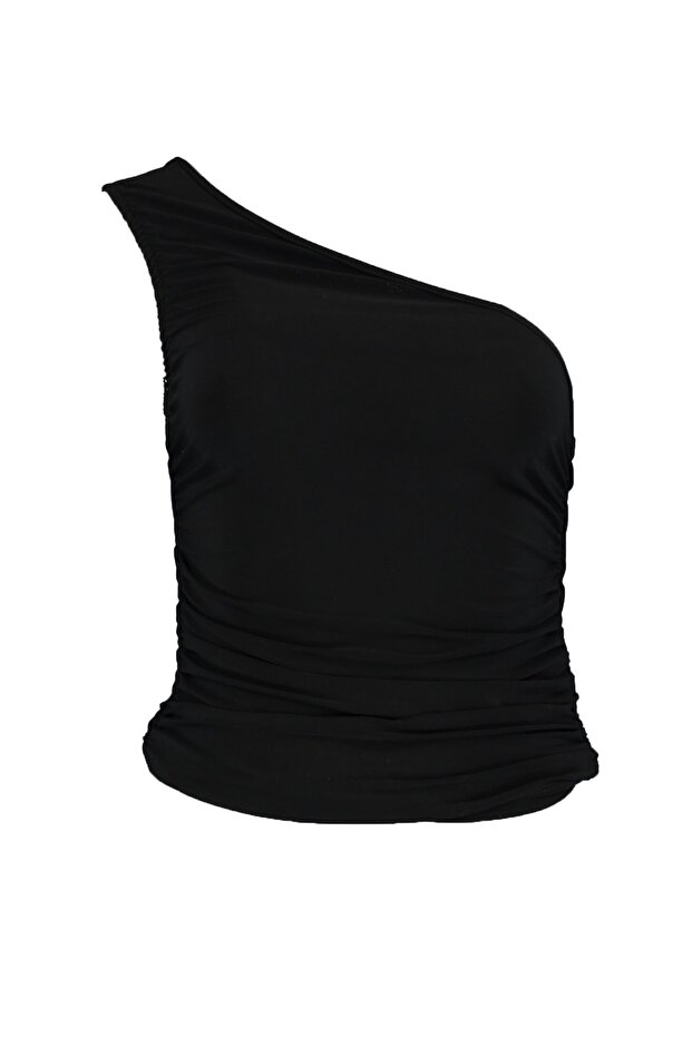 Siyah Büzgü Detaylı Fitted/Vücuda Oturan Tek Omuz Esnek Örme Bluz TWOSS21BZ0590 - 6