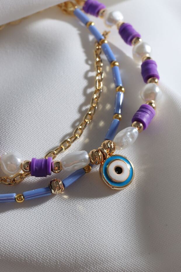 Purple Fimo Beaded Pearl Detail 3-Piece Evil Eye Beaded Bracelet