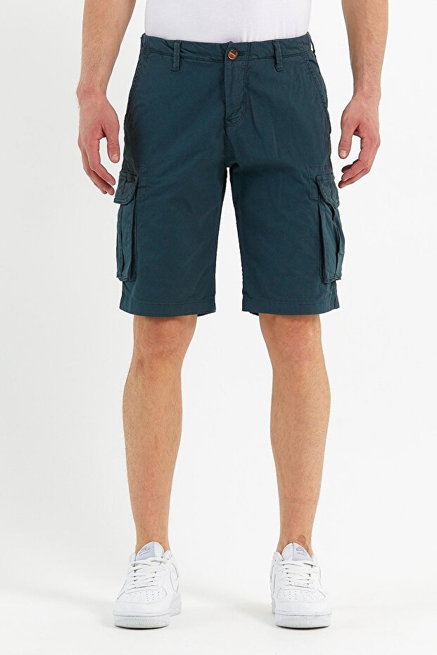Erkek Pamuklu Bermuda Kargo Çok Cepli Petrol Şort - 5