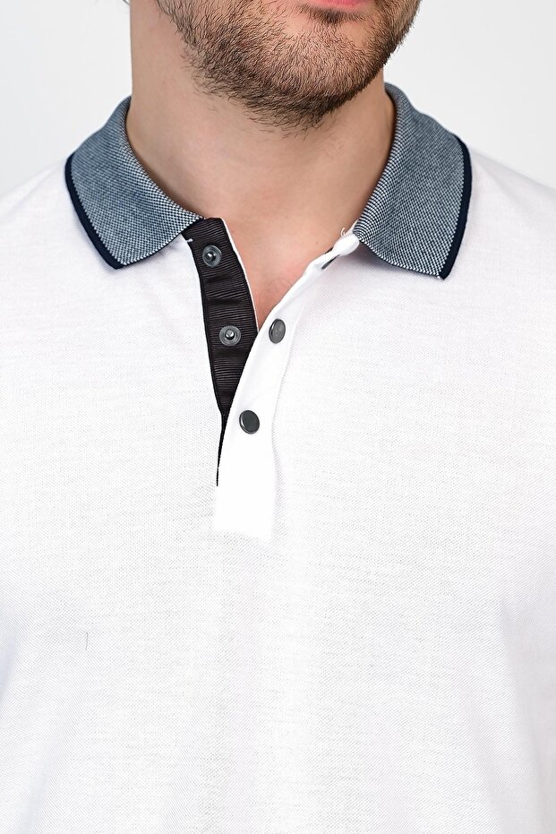 تي شيرت رجالي أساسي سادة بأكمام قصيرة ورقبة بولو بيضاء طويلة - 2