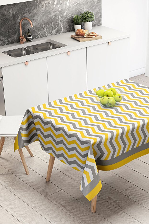 Yellow Gray Zigzag Design Digital Printed Tablecloth