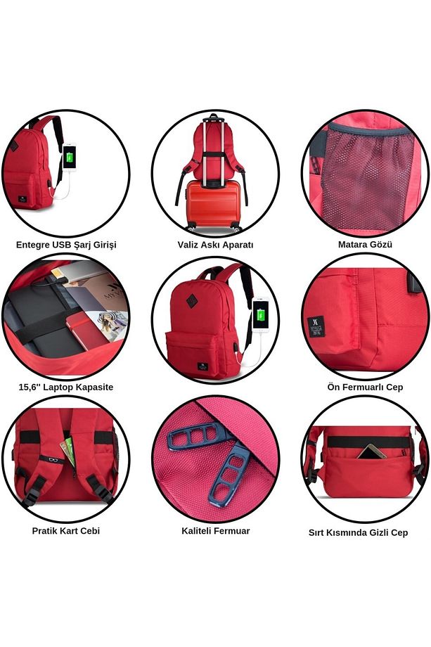 Smart Bag Specta Usb Şarj Girişli Akıllı Laptop Sırt Çantası Pembe - 7