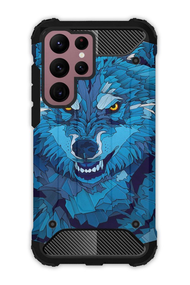 Galaxy S22 Ultra Compatible Case Tank Full Protection Antishock - Blue Drawing Wolf