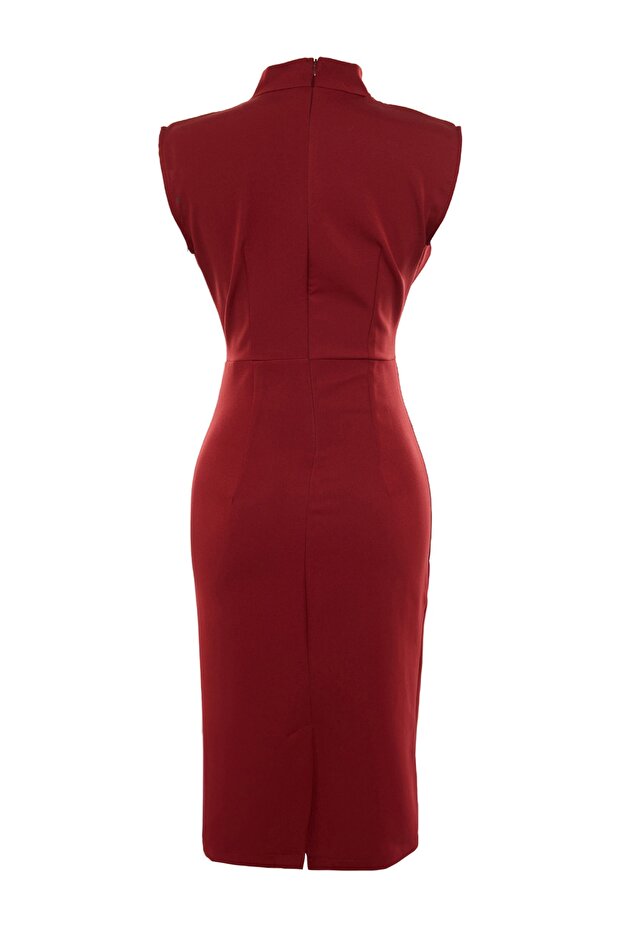 Burgunderrotes, figurbetontes, gewebtes Kleid mit Stehkragen und Midirock TWOAW20EL0311 - 7