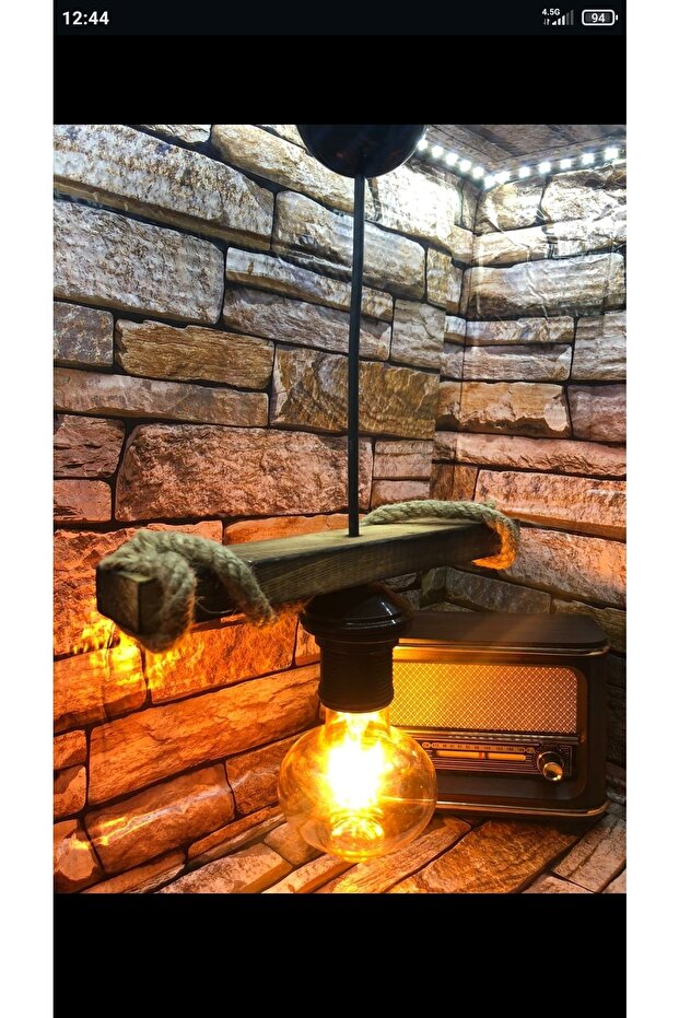 Ahşap Tekli Avize Rustik Halatlı Cam Takiilabir Duy. - 1