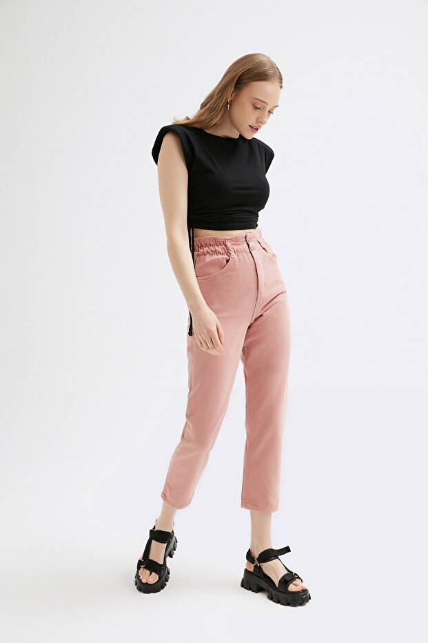 Women's Pink Gabardine Jeans with Elastic Waist