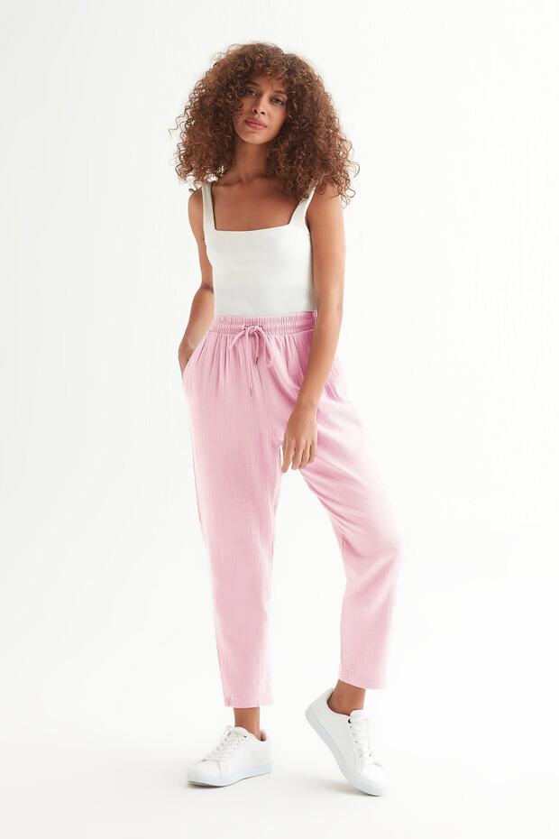 High Waist Elastic Waist Linen Trousers