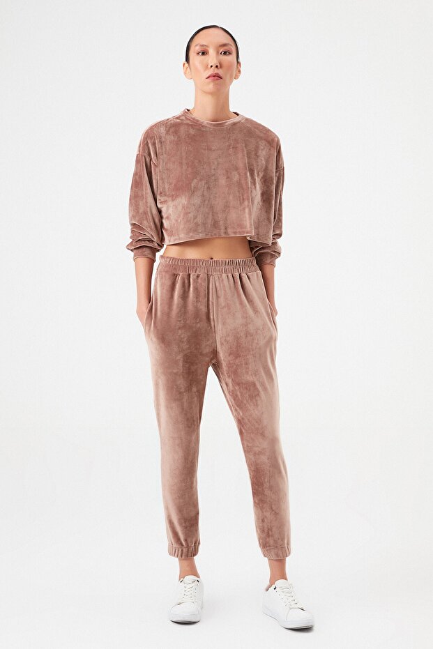 Crop Blouse Jogger Velvet Tracksuit Set