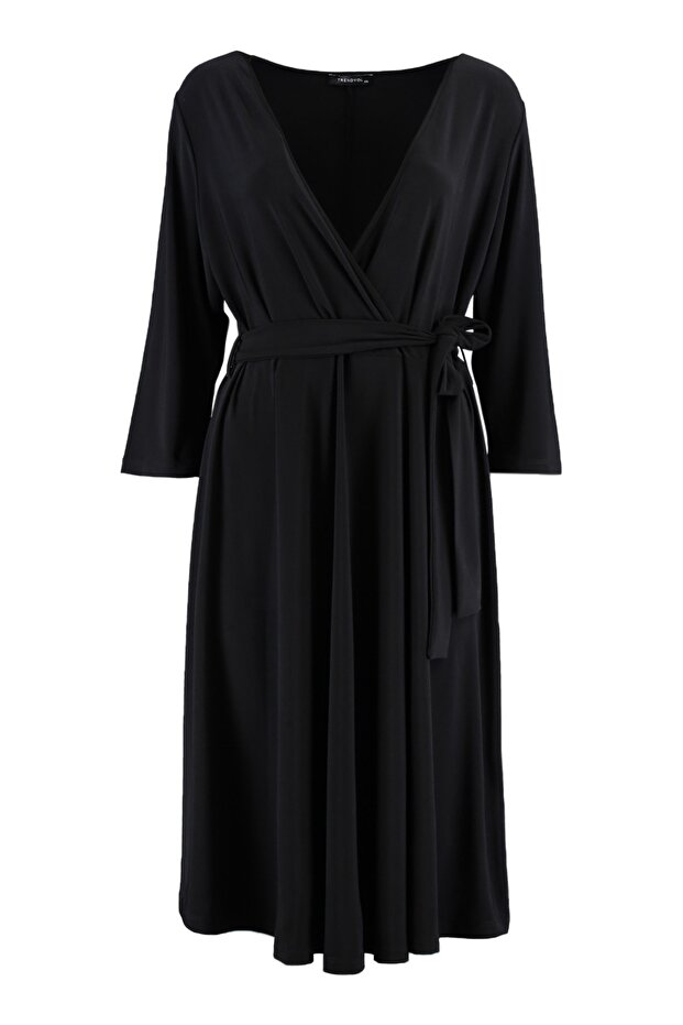 Черна рокля с колан, А-линия, плетена, голям размер TBBSS22AH0176 - 7