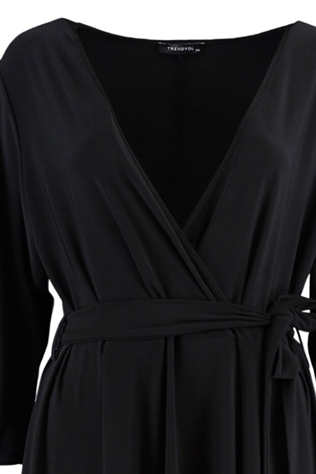 Черна рокля с колан, А-линия, плетена, голям размер TBBSS22AH0176 - 8