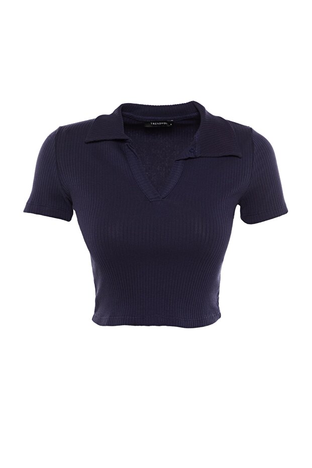 Navy Blue Fitted Crop Polo Neck Ribbed Stretchy Knitted Blouse TWOSS21BZ0038 - 6