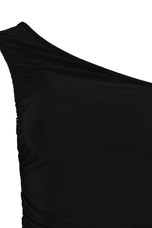 Siyah Büzgü Detaylı Fitted/Vücuda Oturan Tek Omuz Esnek Örme Bluz TWOSS21BZ0590 - 7