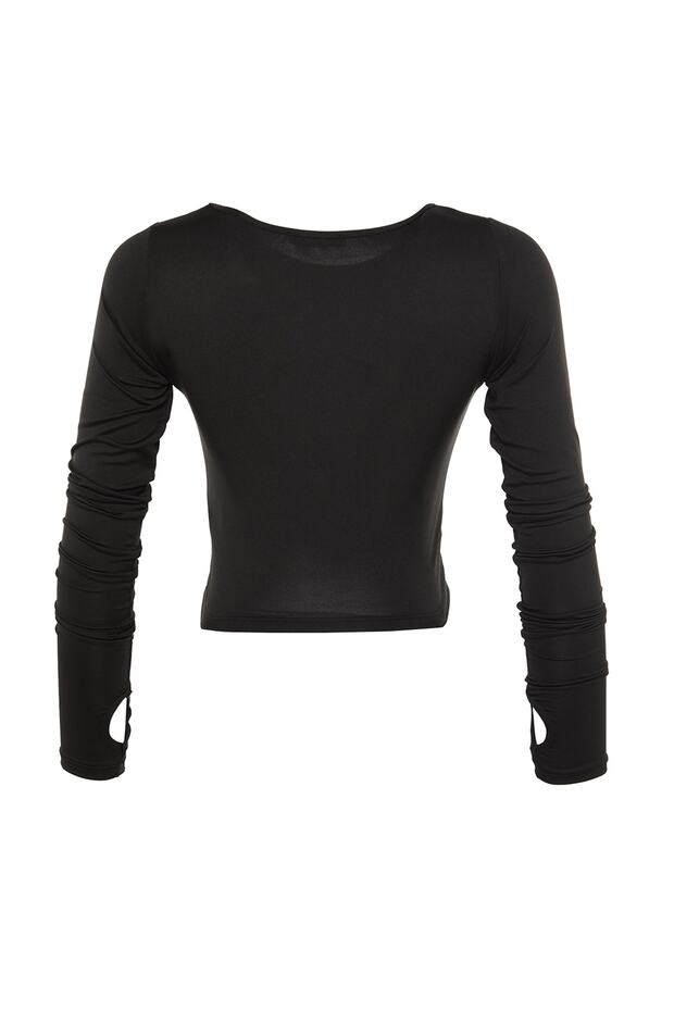 Siyah Crop Pencere/Cut Out ve Baş Parmak Delik Detaylı Örme Spor Üst/Bluz TWOAW21BZ0156 - 8